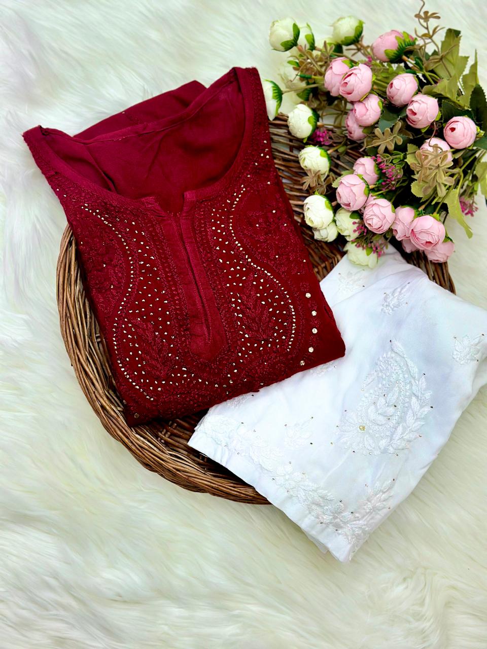 Deep Red Elegant Lucknowi Chikankari Rayon Mukaish Kurti & Pallazo Set ✨ (Up to 5XL)