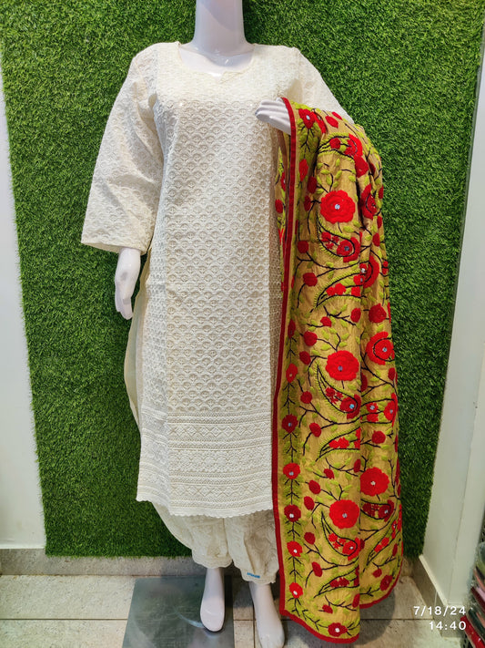 Design 9 - Chikankari Kurti with Chikan Afghani and Handworked Super Champ Raw Silk Handcrafted Dupatta