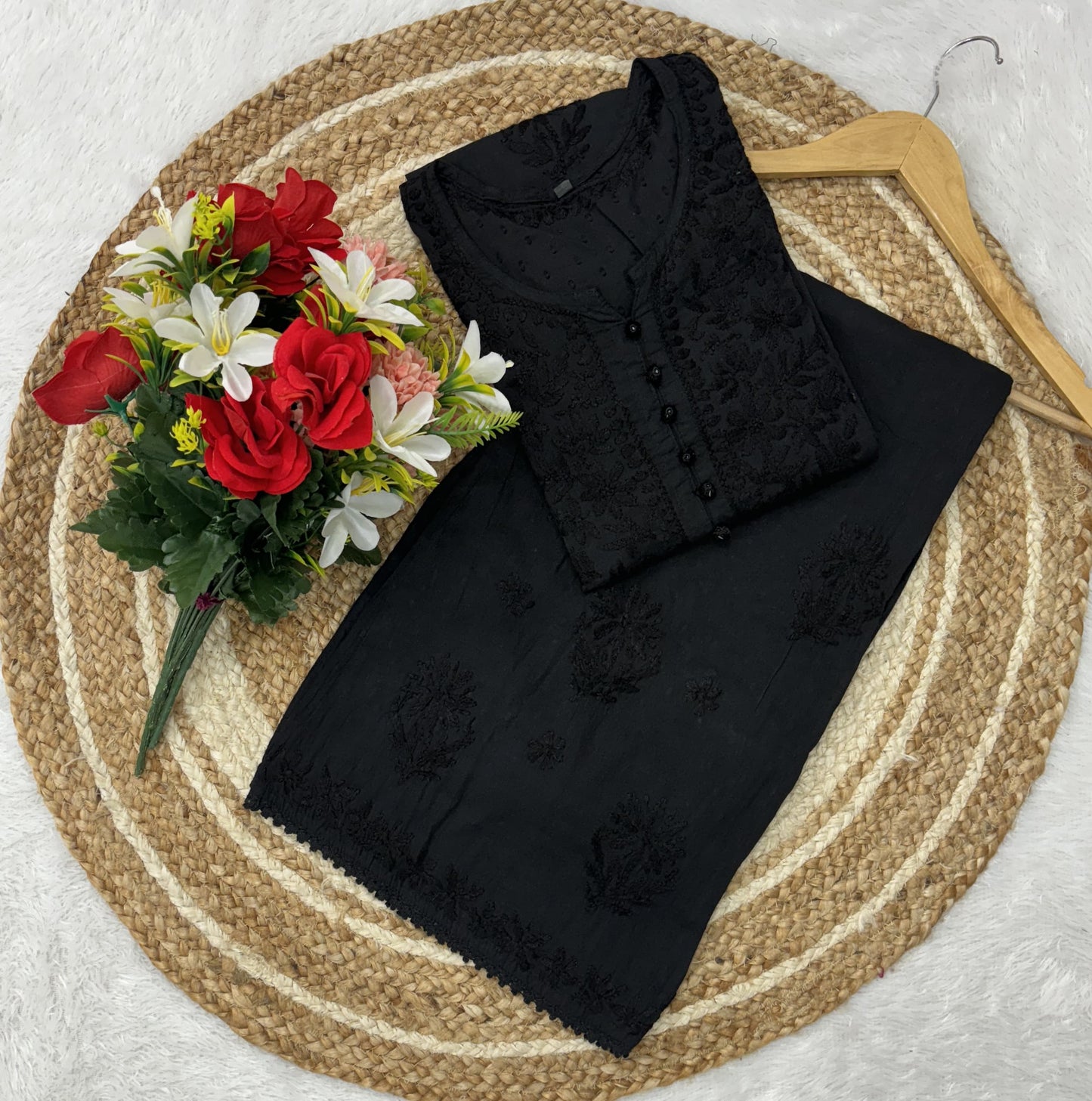 Black Lucknowi Chikankari Ghas Patti Handwork Dobby Cotton Kurti Palazzo Set with Lace and Kureshiya Buttons