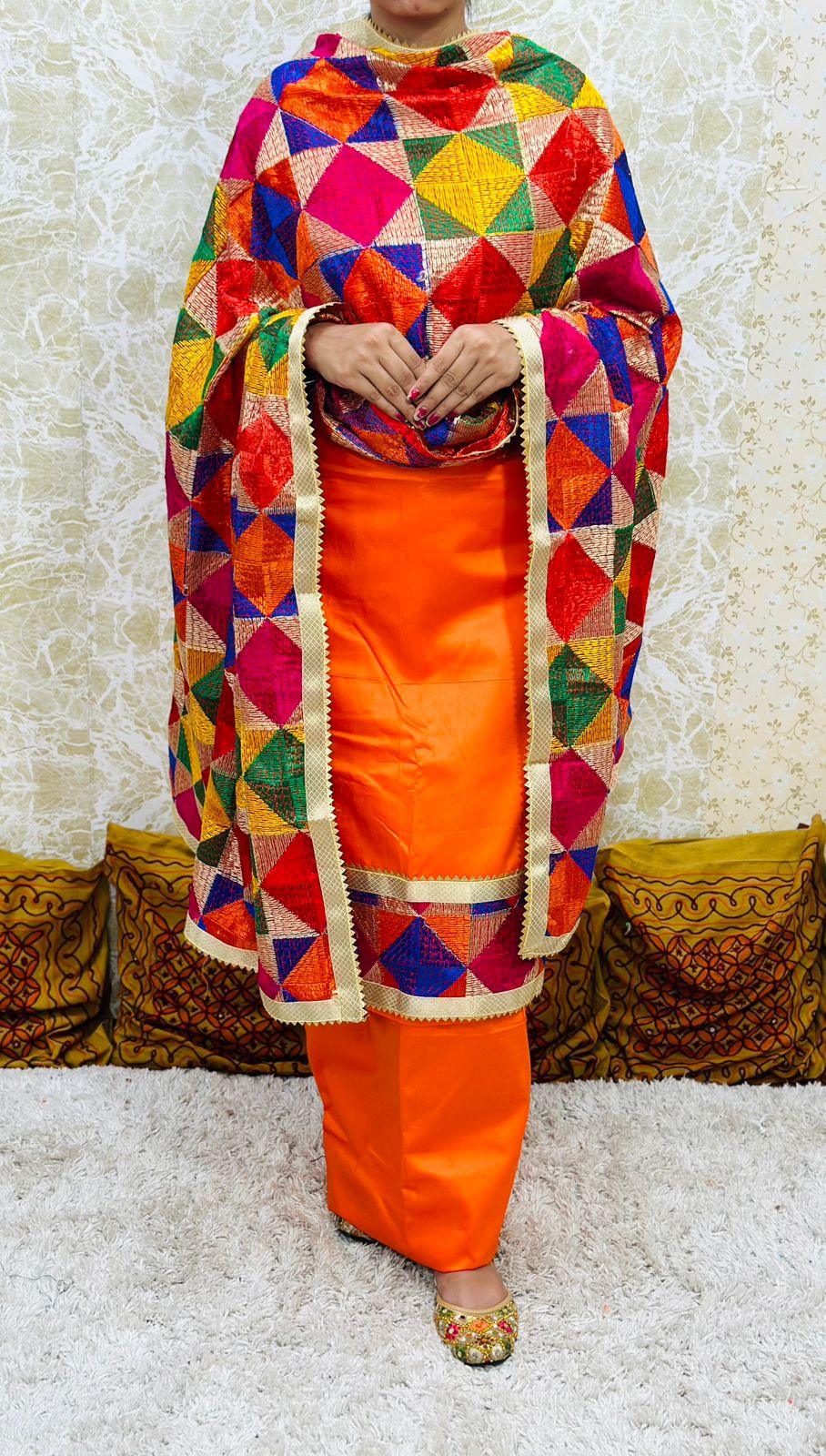 Orange Phulkari Suit Set Zaam Cotton with Embroidered Chinon Dupatta