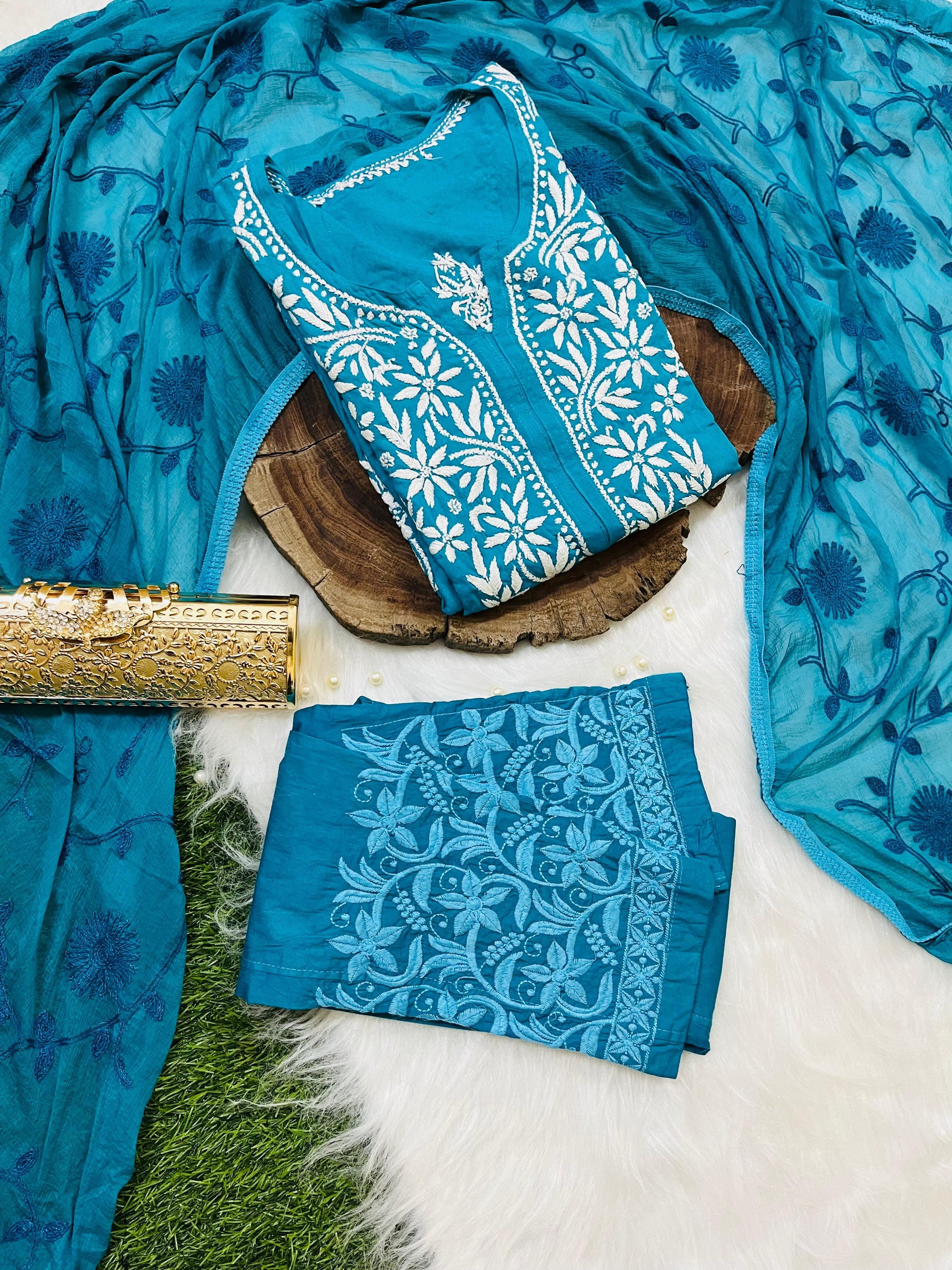 Deep Blue 3 Pc Lucknow Chikankari Handwork Kurti, Pant, and Dupatta Set - Inayakhan Shop 