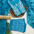 Deep Blue 3 Pc Lucknow Chikankari Handwork Kurti, Pant, and Dupatta Set