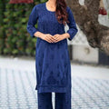 Deep Blue Cotton Crochet Button Lucknowi Chikankari Kurti + Palazzo Co-ord Set