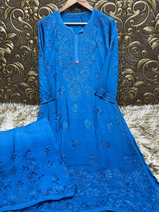 Deep Blue Elegant Euphoria: Luxe Lucknowi Chikankari Modal Palazzo Set - Inayakhan Shop 