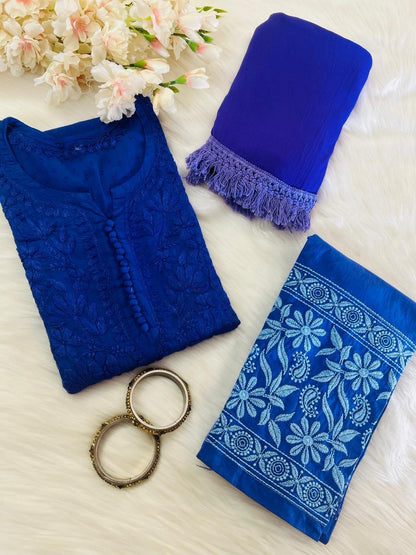 Deep Blue Exclusive Dobby Cotton 3-Piece Salwar Suit Set - Inayakhan Shop 