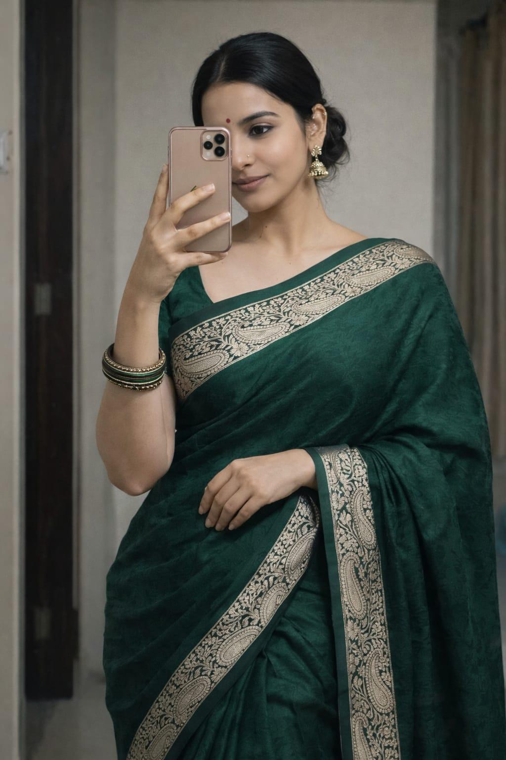 Deep emerald green Viscose Chinon woven saree with gold Banarasi border – model view