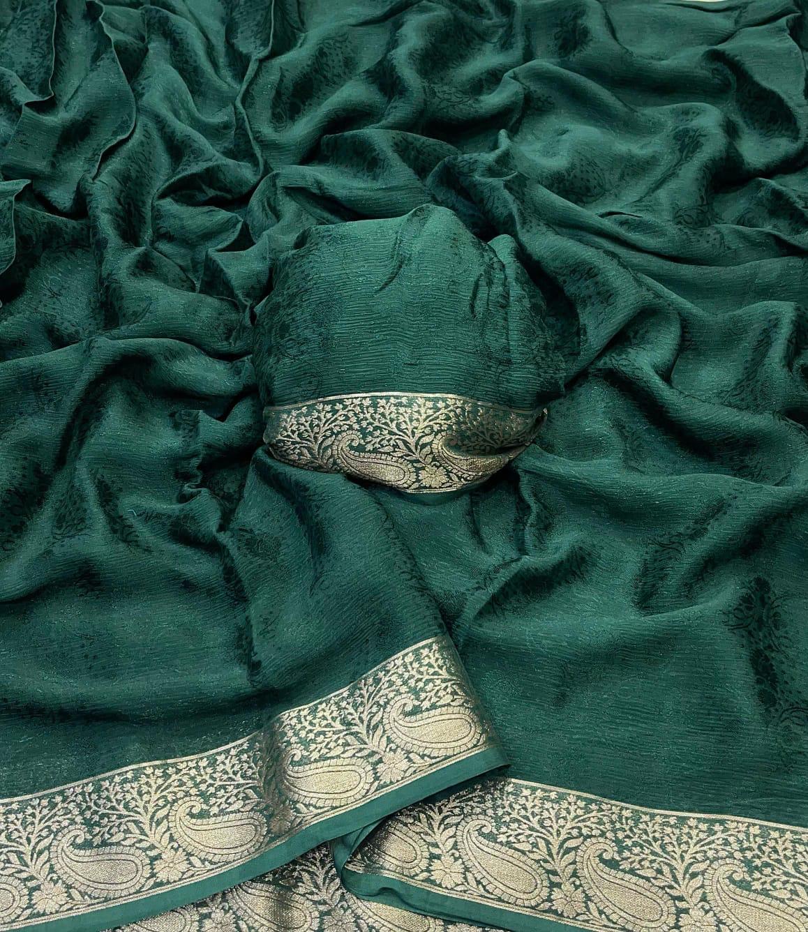 Deep emerald green Viscose Chinon saree with gold Banarasi woven border and blouse