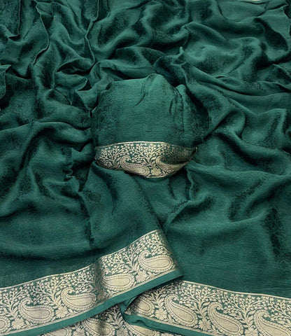Deep emerald green Viscose Chinon saree with gold Banarasi woven border and blouse
