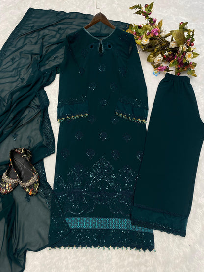 Deep Green Georgette Sequins Embroidered Work Top and Pant with Dupatta - Pakistani Style Suit - Inayakhan Shop 