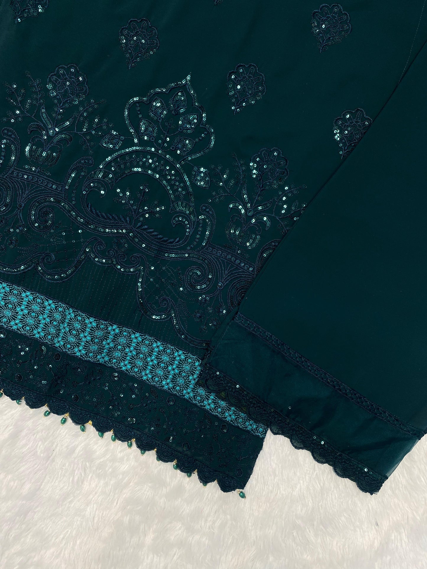 Deep Green Georgette Sequins Embroidered Work Top and Pant with Dupatta - Pakistani Style Suit - Inayakhan Shop 