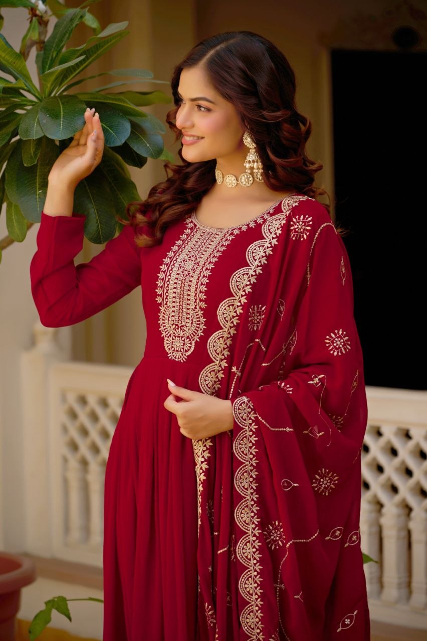 Deep maroon Anarkali gown with dupatta front close-up