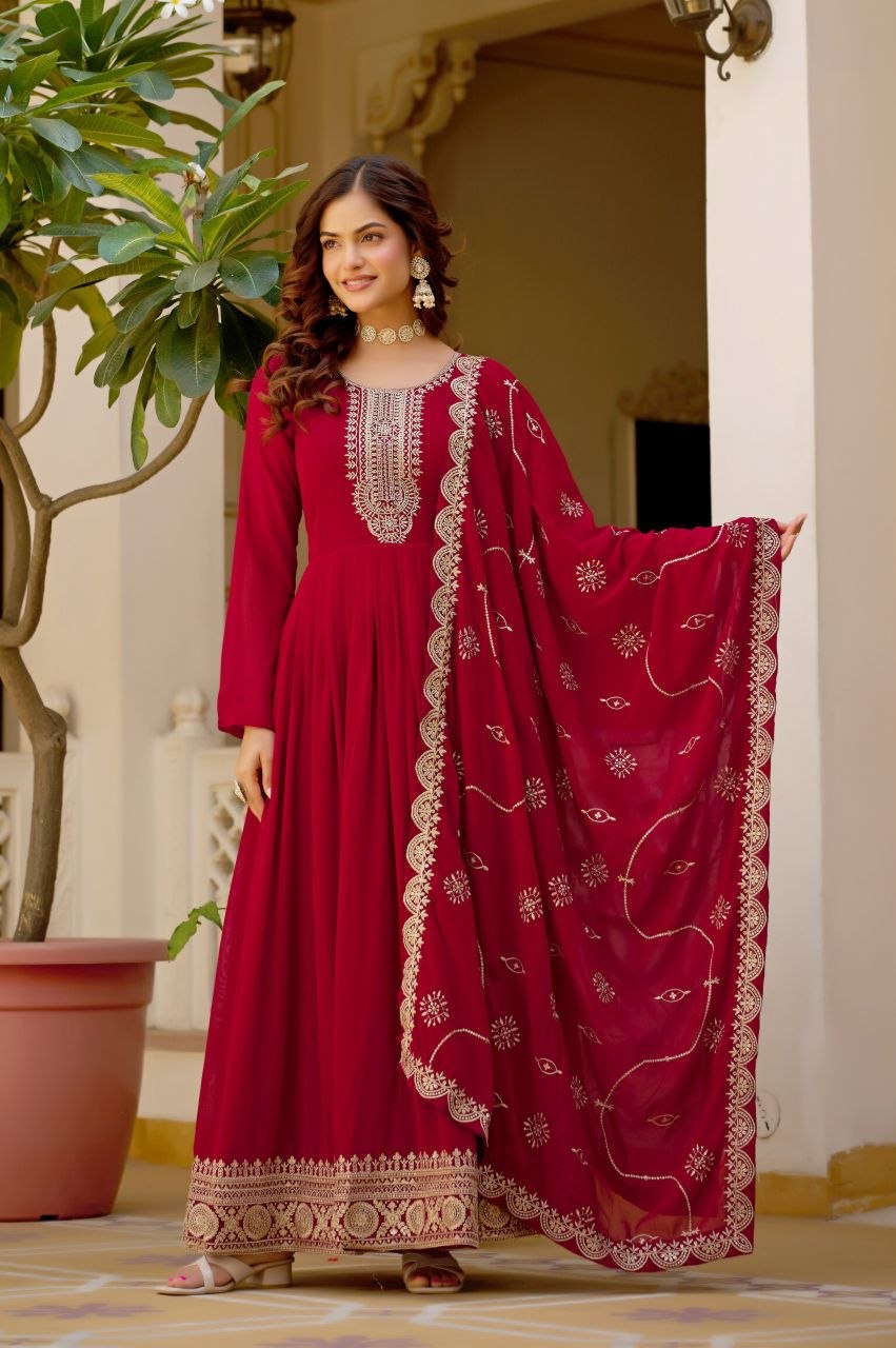 Deep maroon embroidered Anarkali gown full view