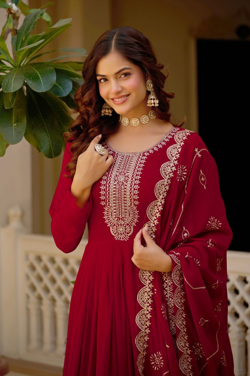 Elegant maroon Anarkali gown with dupatta