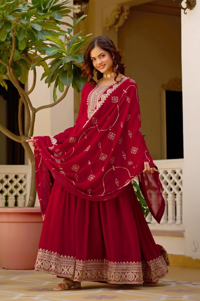 Maroon Anarkali gown embroidered dupatta