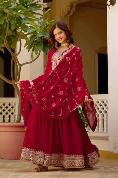 Maroon Anarkali gown embroidered dupatta