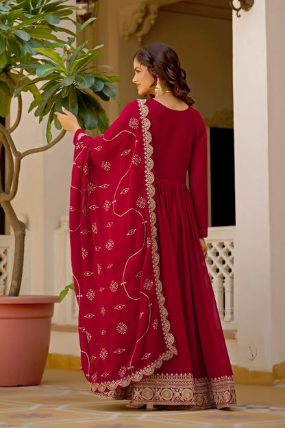 Deep maroon festive Anarkali gown back view