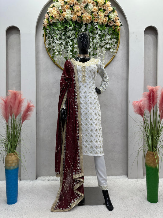 Deep Maroon Pakistani Style Salwar Kameez with Mirror Work and Sequins Dupatta - Inayakhan Shop 