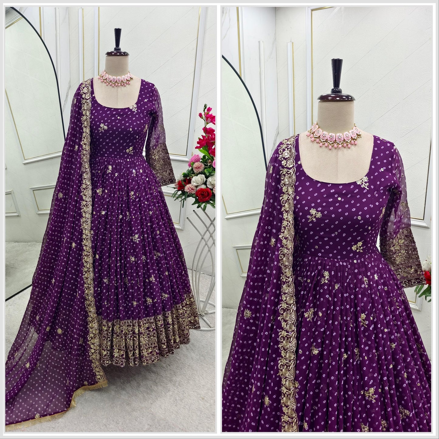 Deep plum purple Bandhani Anarkali gown back view