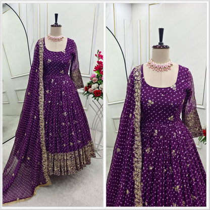 Deep plum purple Bandhani Anarkali gown back view