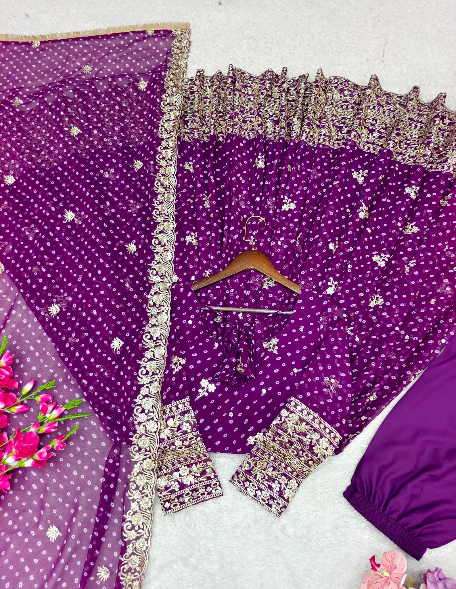Deep plum purple Bandhani gown pant dupatta set