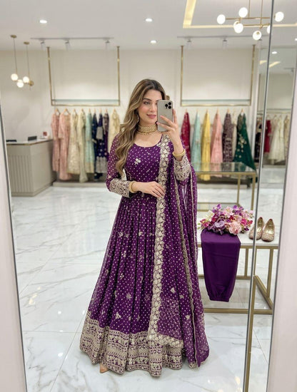 Deep plum purple Bandhani print Anarkali gown set front view
