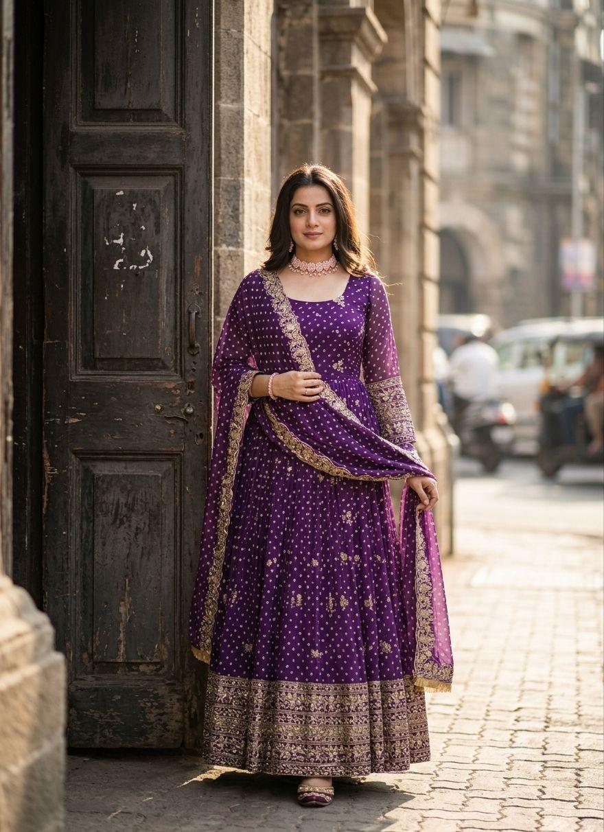 Deep plum purple Bandhani gown pant and dupatta full look