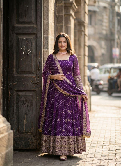 Deep plum purple Bandhani gown pant and dupatta full look