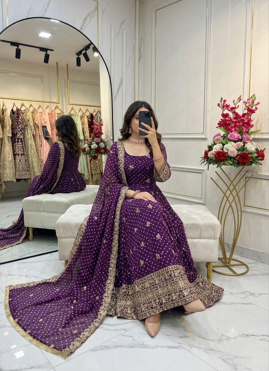 Deep plum purple embroidered Bandhani Anarkali gown side view