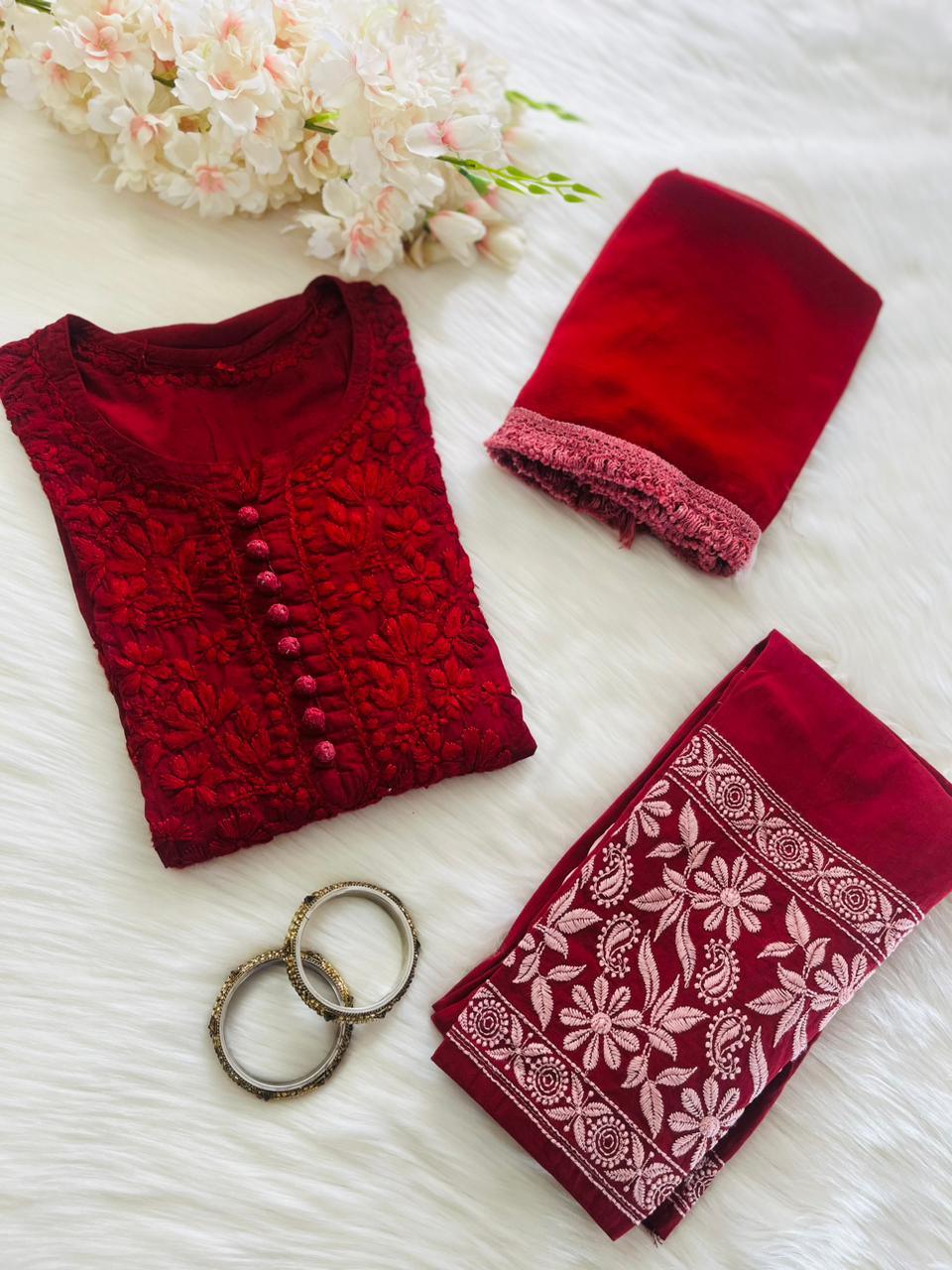 Deep Red Exclusive Dobby Cotton 3-Piece Salwar Suit Set - Inayakhan Shop 