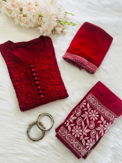 Deep Red Exclusive Dobby Cotton 3-Piece Salwar Suit Set