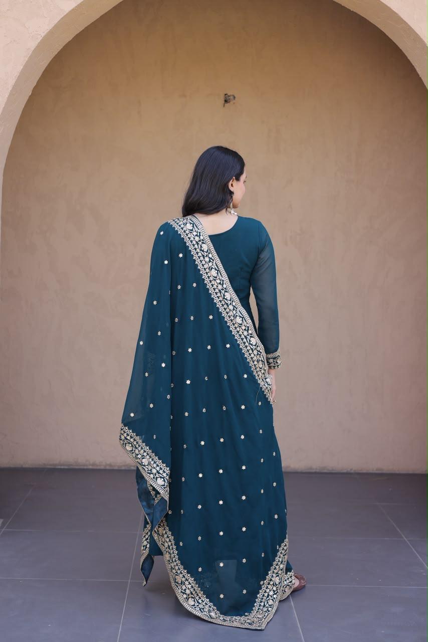 deep teal embroidered Anarkali gown dupatta back view