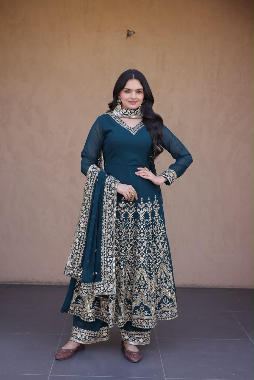 deep teal blue embroidered multi sequin Anarkali gown pant dupatta set front view