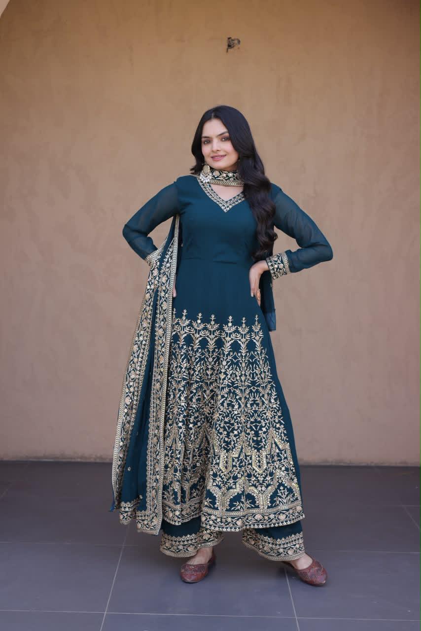 deep teal Faux Blooming gown pant dupatta set full front