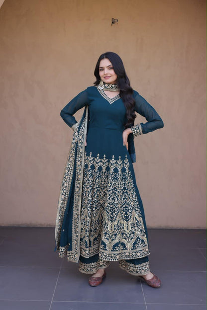 deep teal Faux Blooming gown pant dupatta set full front