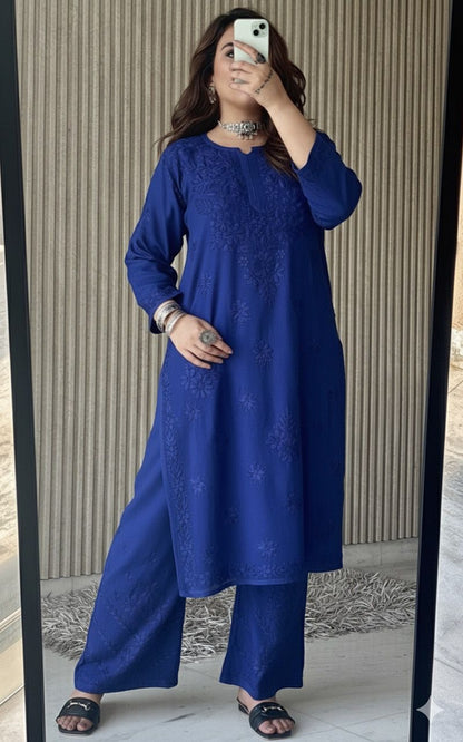 Deep Blue Lucknow Chikankari Rayon Kurta Palazzo Co-ord Set with Tone-to-Tone Hand Embroidery Plus Size