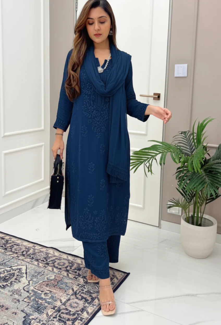 Value Combo Classic White and Deep Blue 3 pc Chikankari Sets