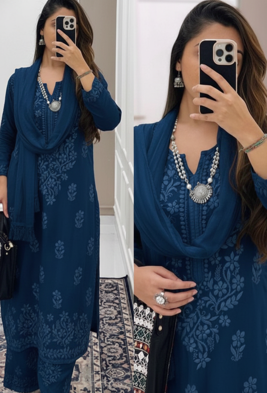 Ocean Blue Ethereal Dyeable Modal Chikankari Kurta Set (New)