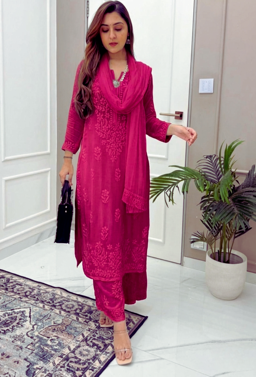 Deep Pink Ethereal Dyeable Modal Chikankari Kurta Set (New)