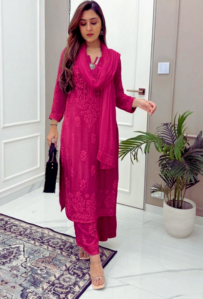 Deep Pink Ethereal Dyeable Modal Chikankari Kurta Set (New)