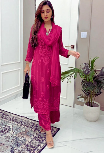 Value Combo Classic White and Deep Pink 3 pc Chikankari Sets