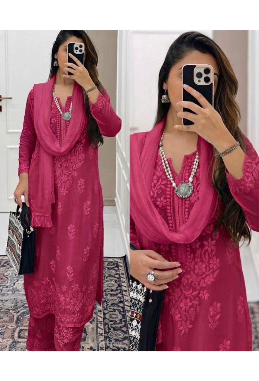 Deep Pink Ethereal Dyeable Modal Chikankari Kurta Set (New)