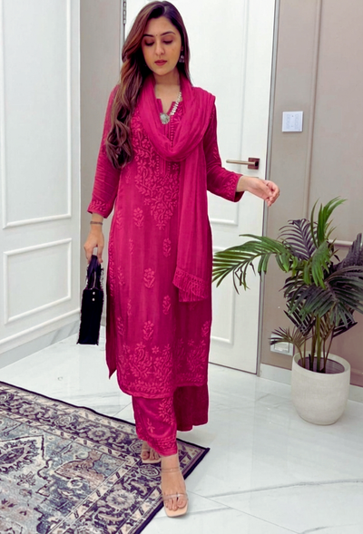 Deep Pink Ethereal Dyeable Modal Chikankari Kurta Set (New)