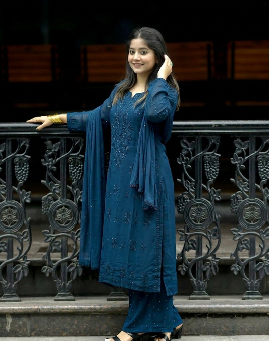 Deep Blue Bestselling Mukaish Rayon 3-Piece Set