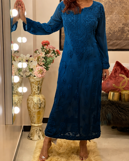 Deep Blue Breezy Bliss Dyed Viscose handcrafted Chikankari Long Kurti (New)