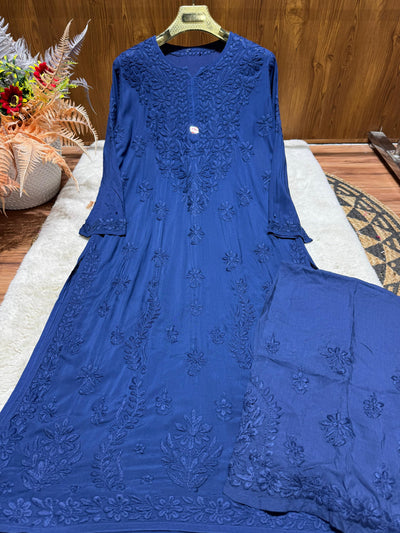 Blue Plus Size Lucknow Chikankari Modal Kurti with Palazzo Set