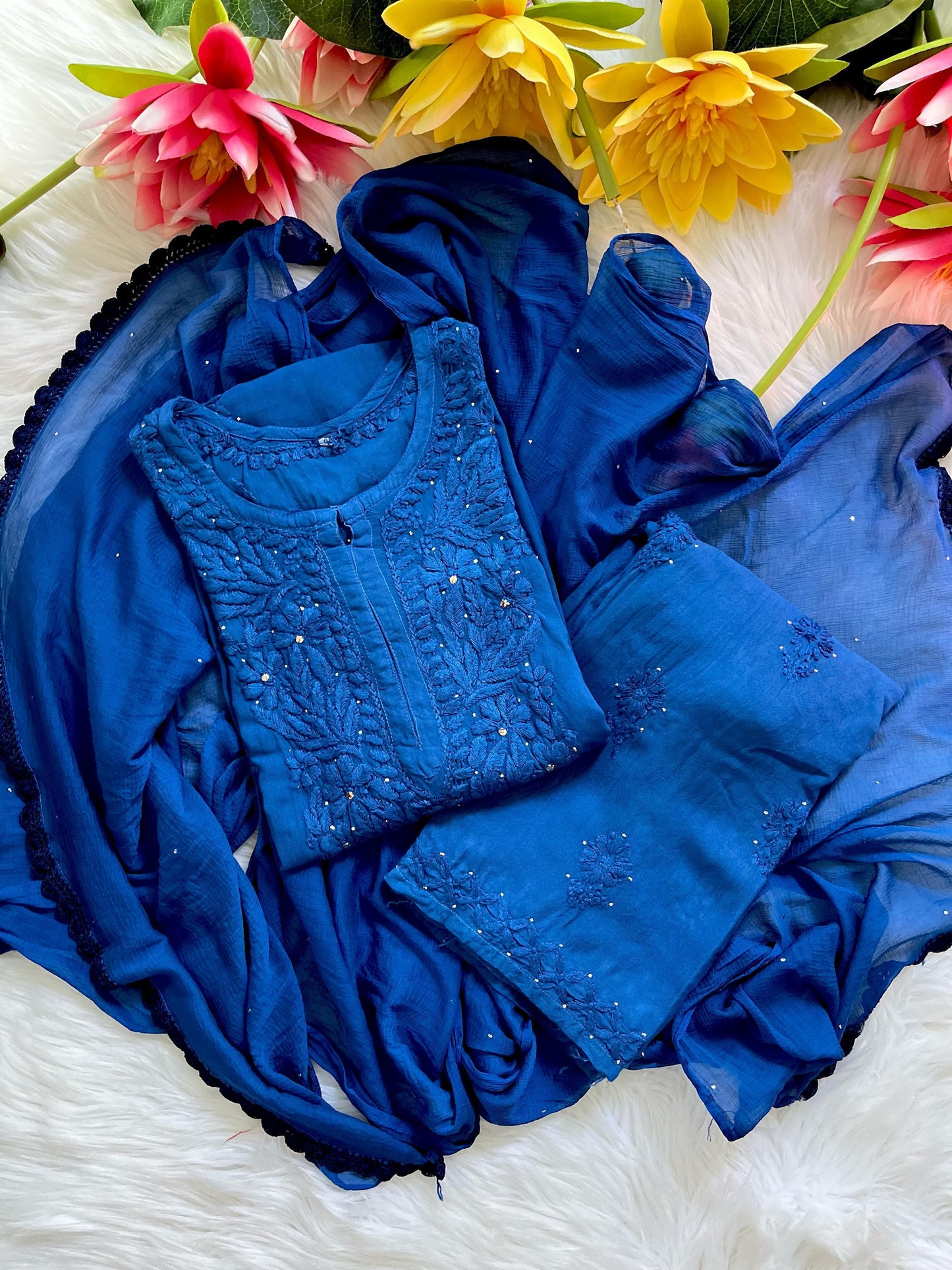 Deep Blue Iconic Mukaish Work Lucknow Chikankari 3-Piece Set
