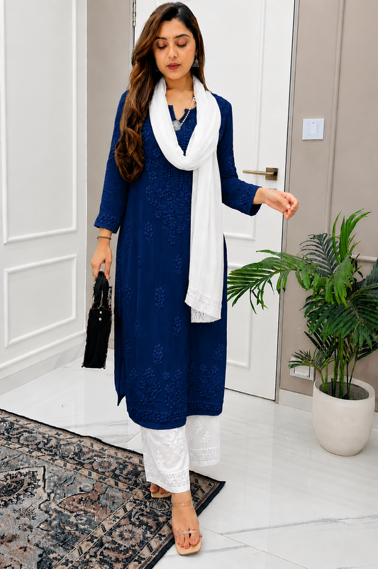 Deep Blue and White Ethereal Dyeable Chikankari Kurta Set (New)