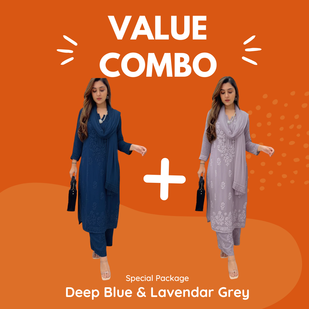 Value Combo Deep Blue & Lavendar Grey 3 pc Chikankari Sets