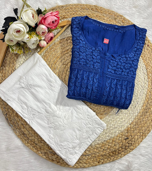 Deep Blue Chinon Nyra Style 3D handwork Lucknow Chikankari Kurti Set