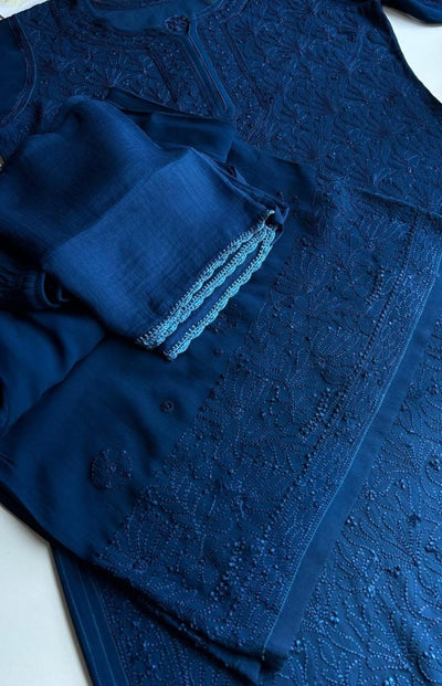 Deep Blue Elegant Viscose Lucknow Chikankari Handwork Ensemble (Latest)